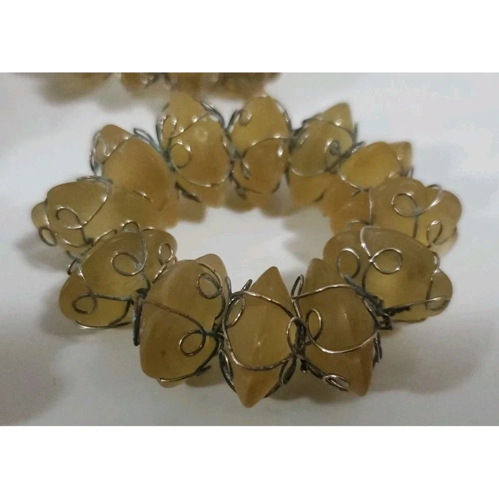 Vintage Yellow‎ Beige Stone and Wire Napkin Rings set of 8 Abstract Bohemian